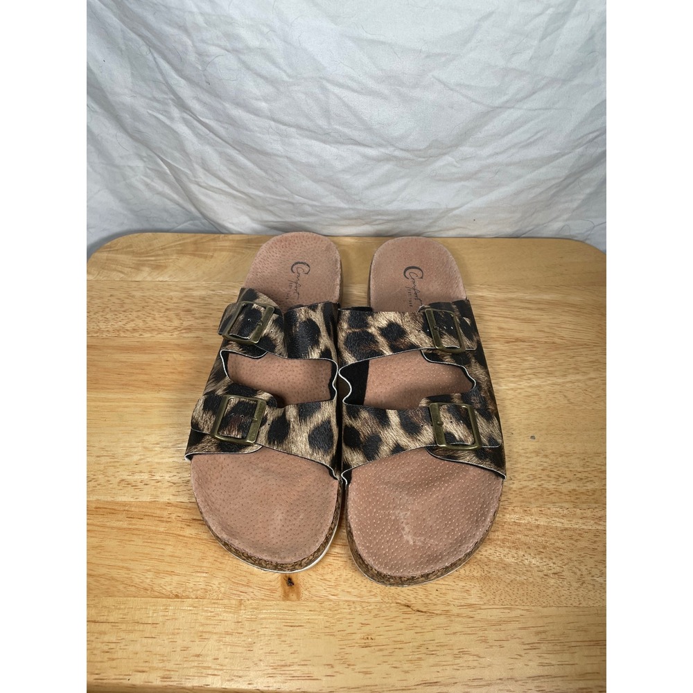 Comfort Est. 1946 Womens Leopard Print Double Strap Slide Sandals Brown Size 10